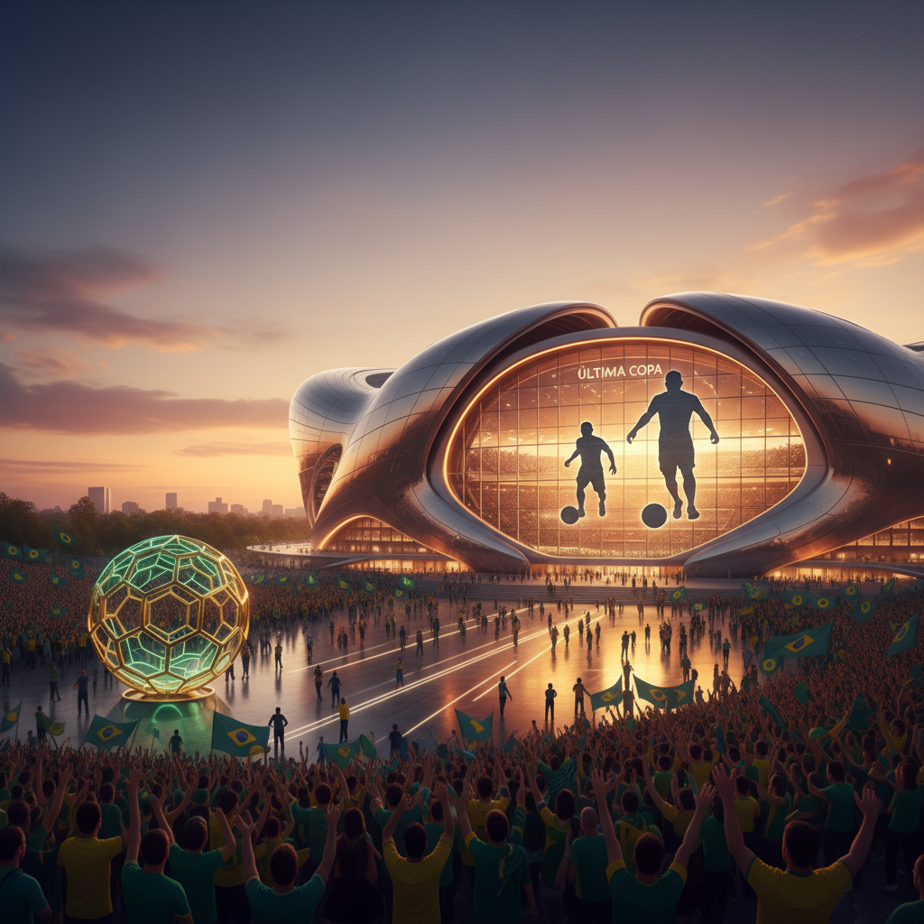 Campo de futebol com ação em partida da Copa do Mundo 2026 ligado a despedida messi ronaldo copa 2026